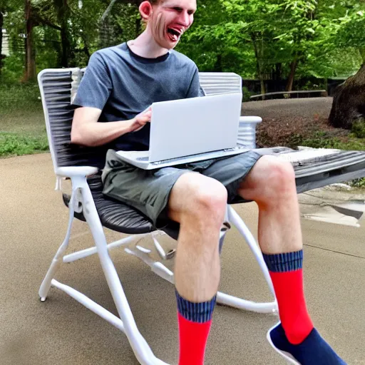 Prompt: tall pale skinny caucasian man with curly blonde hair with mismatching socks and capri pants holding laptop computer and laughing