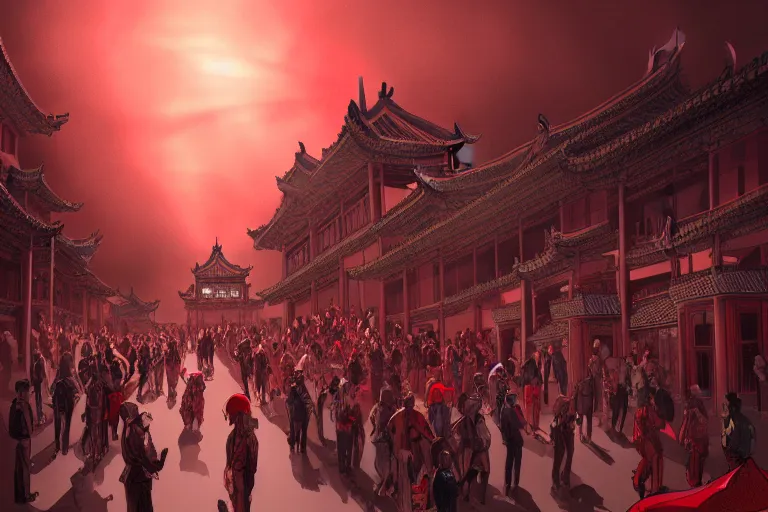 Image similar to lined up crowd is marching toward the chinese palace, big red dragon flying above them, dark atmosphere, light above palace, digital art, trending on artstation