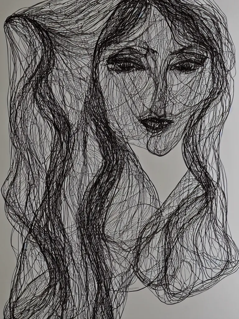 Image similar to beautiful elegant hanging thick metal wire art of a symmetrical and expressive female human face, influenced by gejza schiller portraits