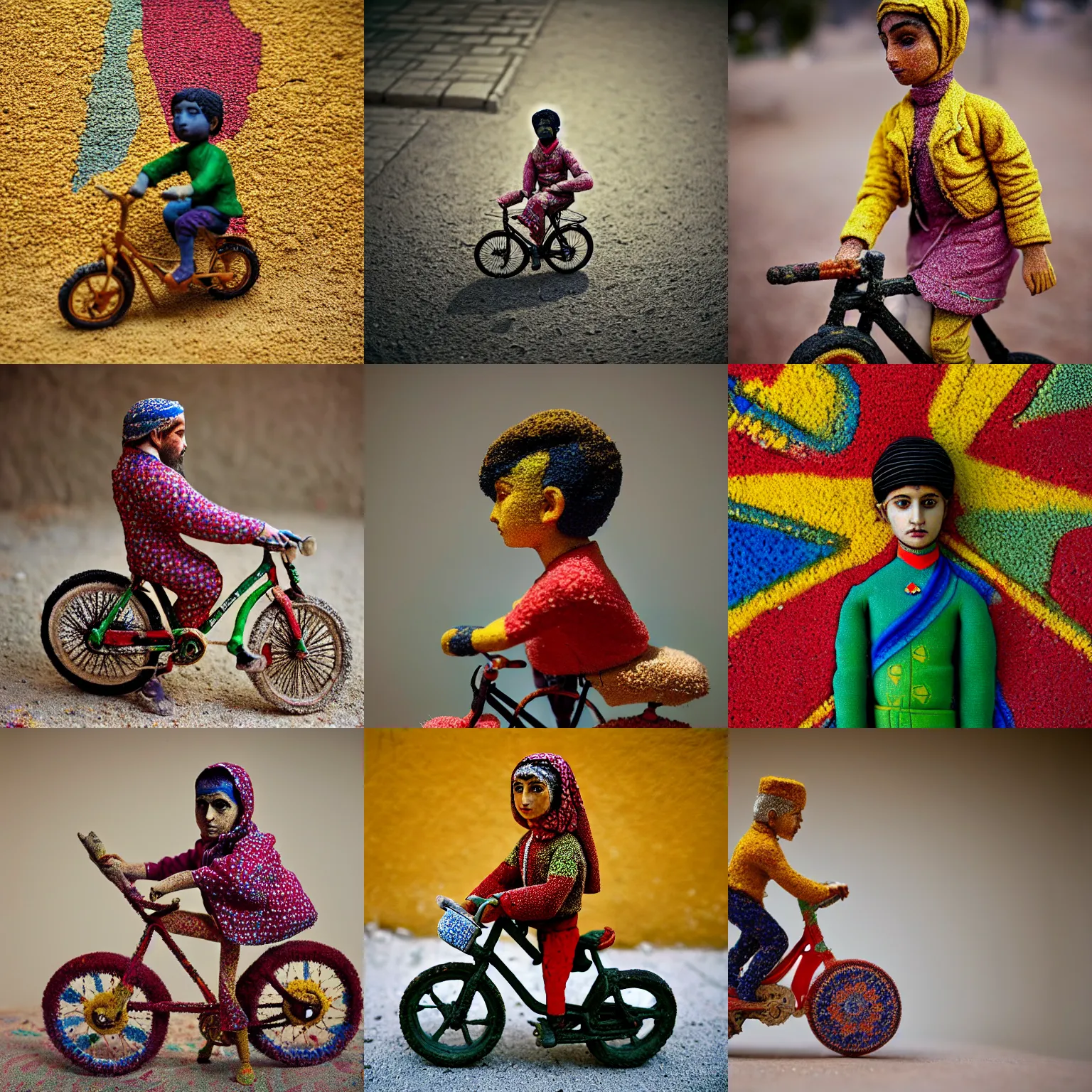 Image similar to portrait of a carpeted figurine of Iranian child on a bike, colourful, detailed, depth of field, intricate, delicate, by Jonas Jensen, Magnum photos