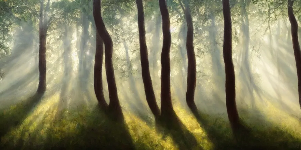 Image similar to An oil painting of an intensely beautiful forest in the morning; rays of light coming through the canopy; trending on artstation; extraordinary masterpiece!!!!!!