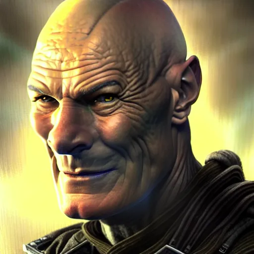 Image similar to portrait painting of a cyberpunk orc doctor who looks like patrick stewart, ultra realistic, concept art, intricate details, eerie, highly detailed, photorealistic, octane render, 8 k, unreal engine. art by artgerm and greg staples and elsa beskow and brian froud and jessica rossier