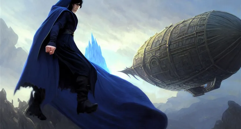 Image similar to handsome mage running away from a giant airship, black hair wearing hooded gothic blue cloak, mountain town, movie action still frame, ultra wide horizon, intricate, elegant, highly detailed, hyperrealism, digital painting, concept art, smooth, sharp, focus, illustration, art by artgerm, greg rutkowski, ilya kuvshinov, alphonse mucha