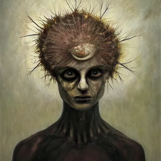 Prompt: an oil painting of dandelion by esao andrews. circa survive album cover art. dark. muted colors. gothic. oil painting with brush strokes. creepy.