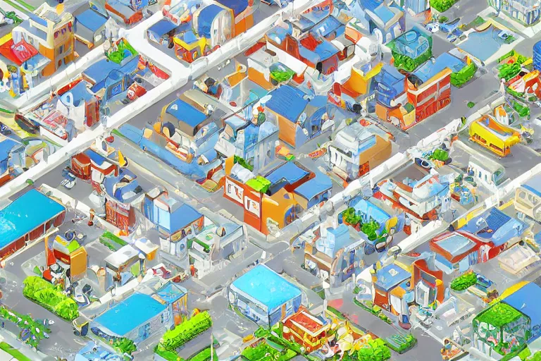 Prompt: isometric stylized pixel city, eboy, pixel art