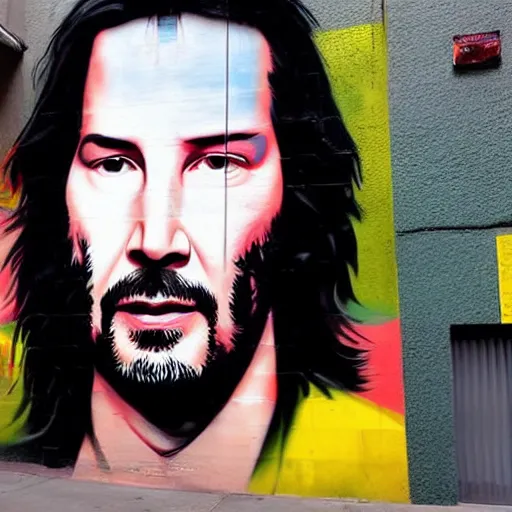 Prompt: Street-art portrait of keanu reeves in style of Eduardo Kobra