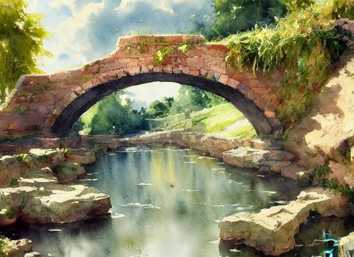 Image similar to watercolor of rustic stone bridge with mural, ivy, summer daylight, bright clear day, clouds, high detailed art by dennis miller bunker, work by anders zorn, wonderful masterpiece by greg rutkowski, beautiful cinematic light, american romanticism by greg manchess, creation by tyler edlin