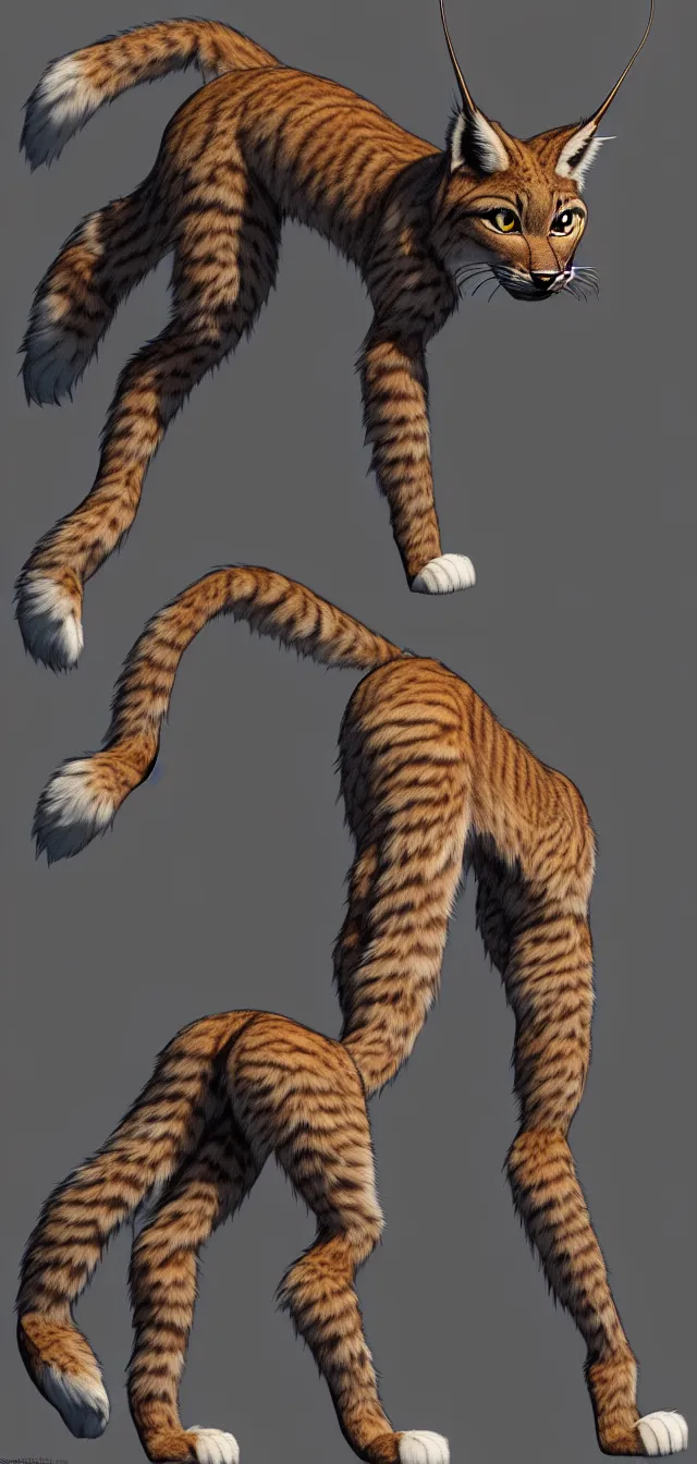 Prompt: the full body of anthropomorphic lynx fursona from behind wearing a steampunk suit as unimaginably beautiful, gorgeous, elegant, young woman with lynx head, fluffy tail, paw pads, an ultrafine hyperdetailed illustration by furaffinity, intricate linework, white fur, unreal engine 5 highly rendered, global illumination, radiant light, detailed and intricate environment