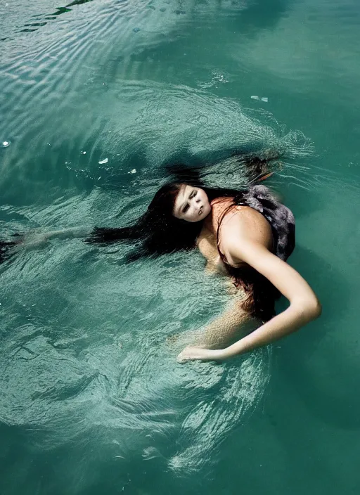 Prompt: girl immersed in water with long and wide dress