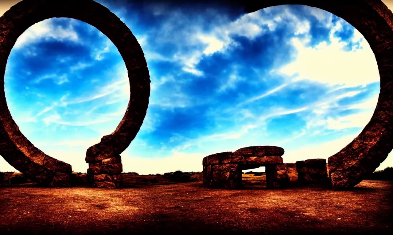 Image similar to round stargate made of stone, cinematic view, epic sky