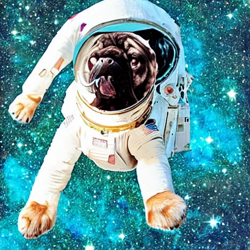 Image similar to a photograph of a huge dog in space made of turquoise colored crystals