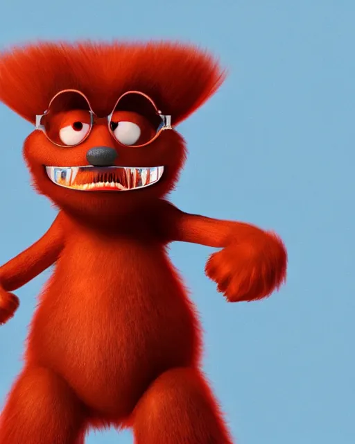 Image similar to 3 d render of completely red hairy friendly antropomorphic robust cartoony creature wearing chrome shades, without nose, full body, in the style of pixar, simple, cute, white background, unreal engine 5, octane render, highly detailed hdr