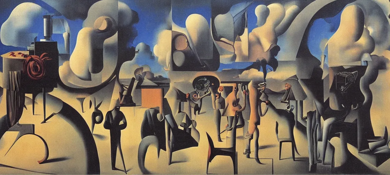 Image similar to surrealist painting of about the internet by Magritte, Dali, Andre Breton and Max Ernst