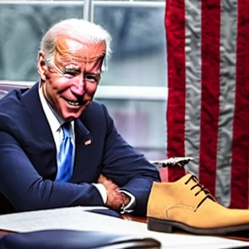 Image similar to joe biden talking to a shoe on a desk.