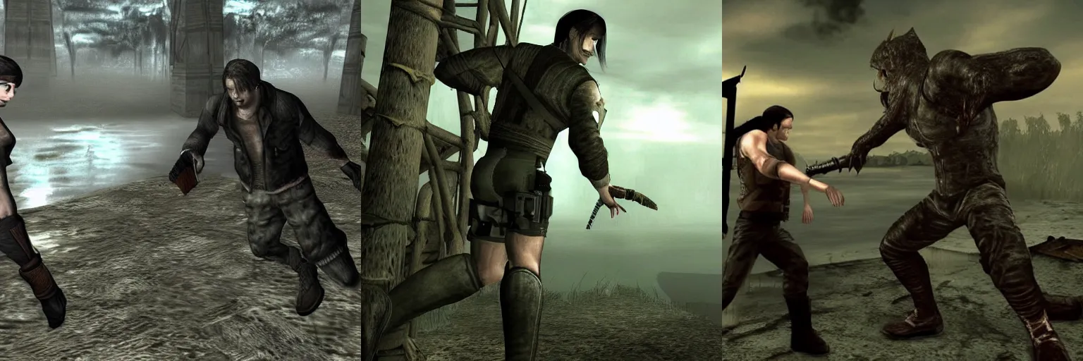 Prompt: Resident Evil 4 Leon fights el lago monster