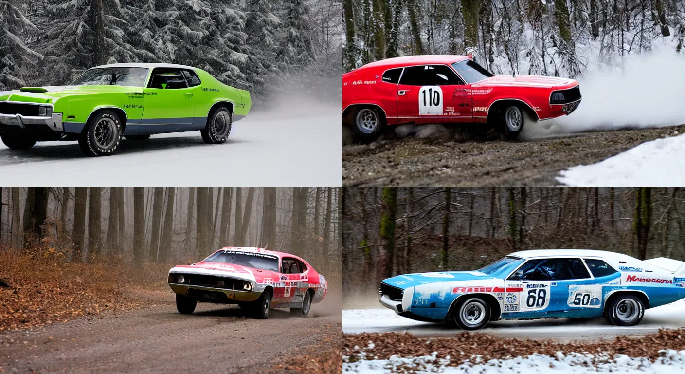 Prompt: a 1 9 7 0 mercury cougar eliminator, racing through a rally stage in a snowy forest