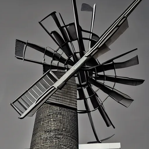 Image similar to [Sculpture of St.Georges slaying a windmill in the style of futurist brutalism, concrete, in an art gallery]