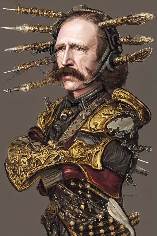 Prompt: portrait, headshot, digital painting, of General Custer as a military cyborg with several arrows in his head and body, amber jewels, vr headset, baroque, ornate clothing, scifi, futuristic, realistic, hyperdetailed, chiaroscuro, concept art, art by waterhouse and witkacy