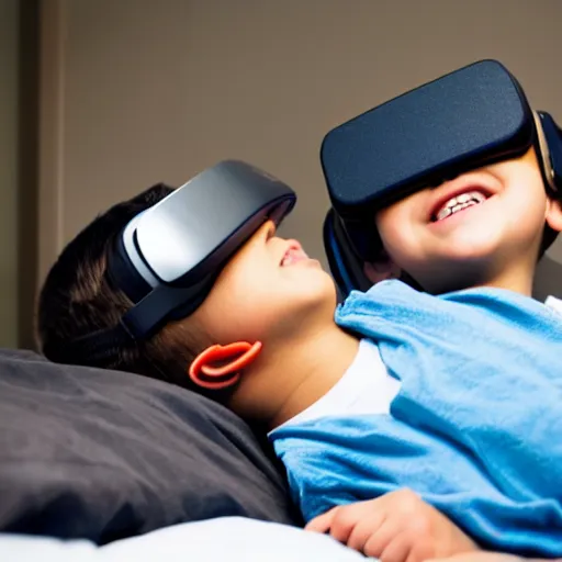 Image similar to a stock photo of a boy laying in bed with a bunch of stuff wearing a VR-headset, featured on flickr, cluttered