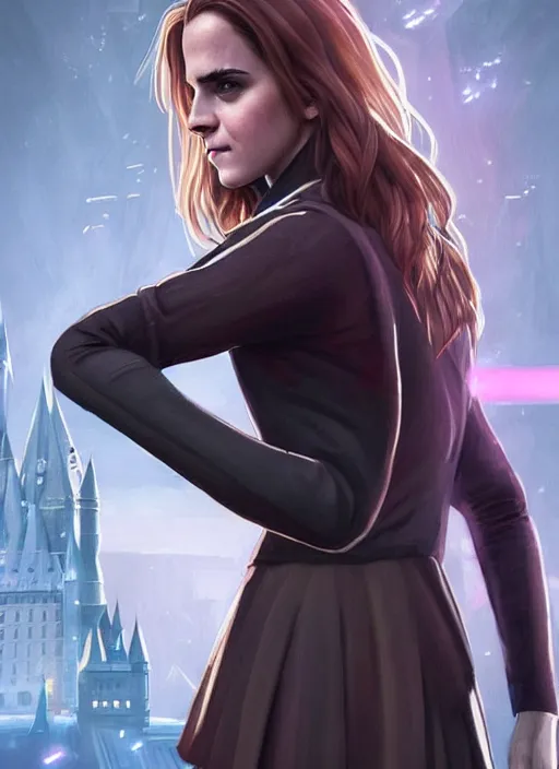 Prompt: portrait of Emma Watson wearing a hogwarts school outfit as a character from Cyberpunk 2077, looking at camera, intricate, elegant, sci-fi, extremely detailed, digital painting, artstation, concept art, smooth, sharp focus, illustration, ambient lighting, incredible art by artgerm and greg rutkowski and alphonse mucha and simon stalenhag