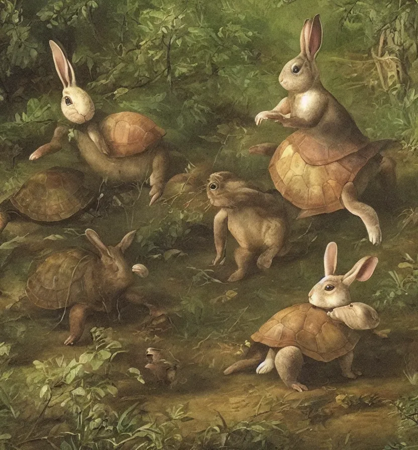 Prompt: a beautiful portrait of a rabbit and a turtle competing athletes running in a forest, beksinskil