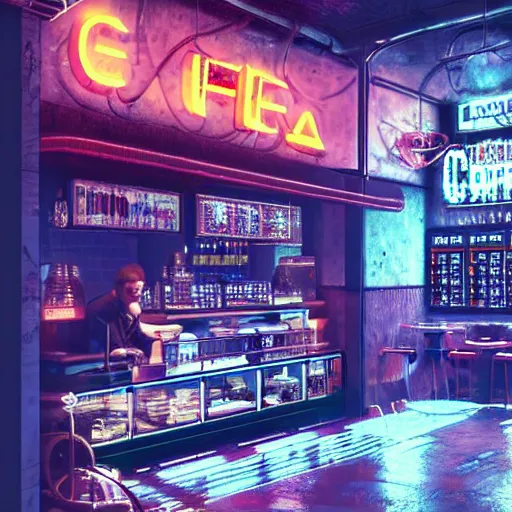 Prompt: cyberpunk coffeeshop, digital art, octane render, high details, intricate, grainy, neon lights, coffee on neon lights, cinematic