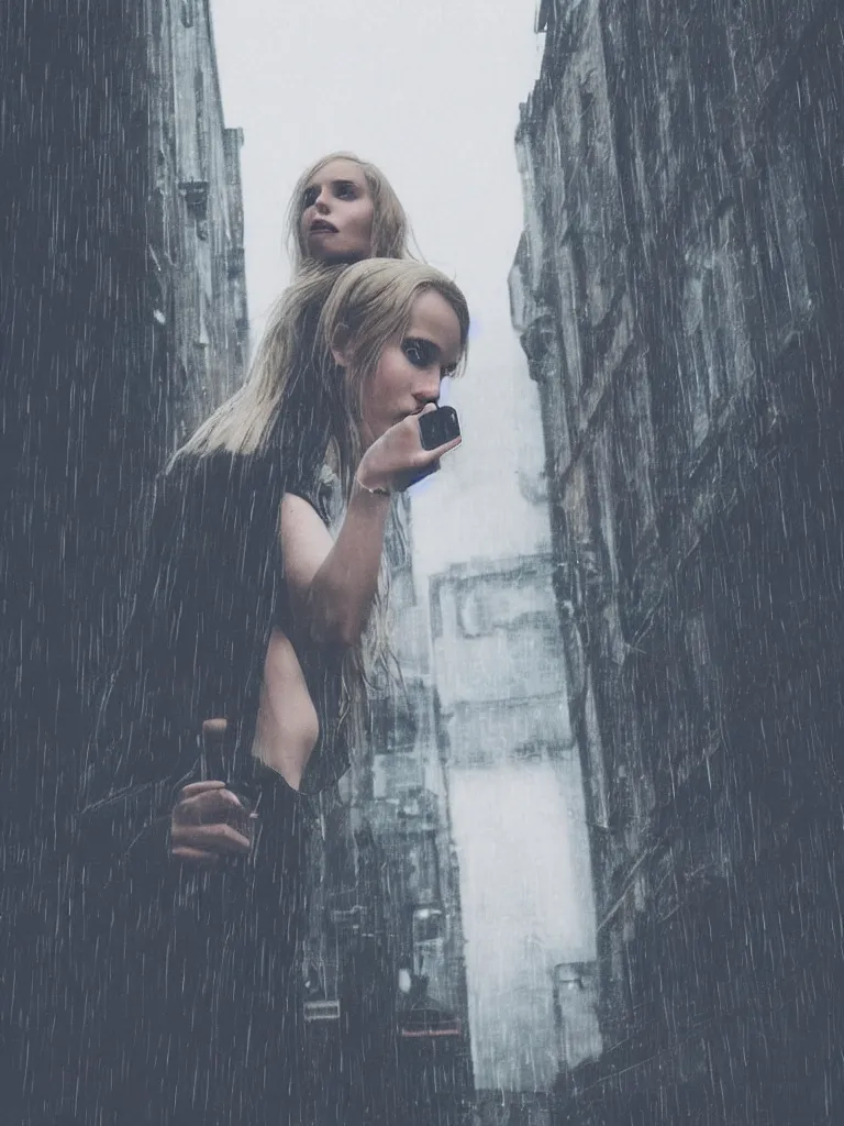 Prompt: cute annie leonhart taking a selfie, dunwall city, beautiful face, natural lighting, rainy weather, gothic architecture, natural reflections, model agency, instagram photo, depression atmosphere, shot on iphone 1 3 pro, natural beauty, postprocessing