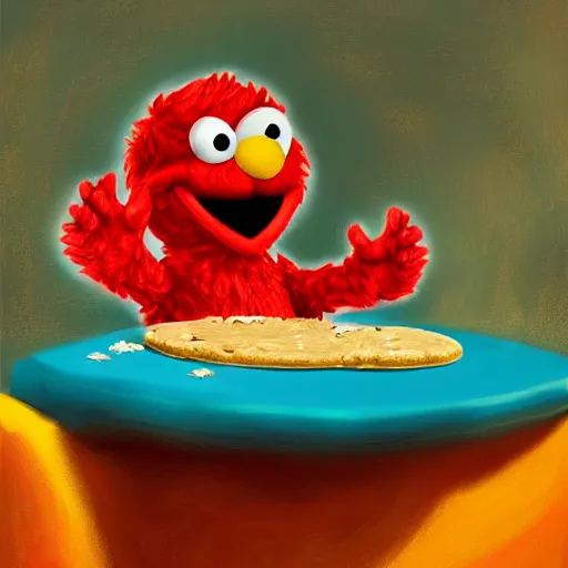 Prompt: elmo eating a cookie in hell, digital art, oil painting, 3 d,