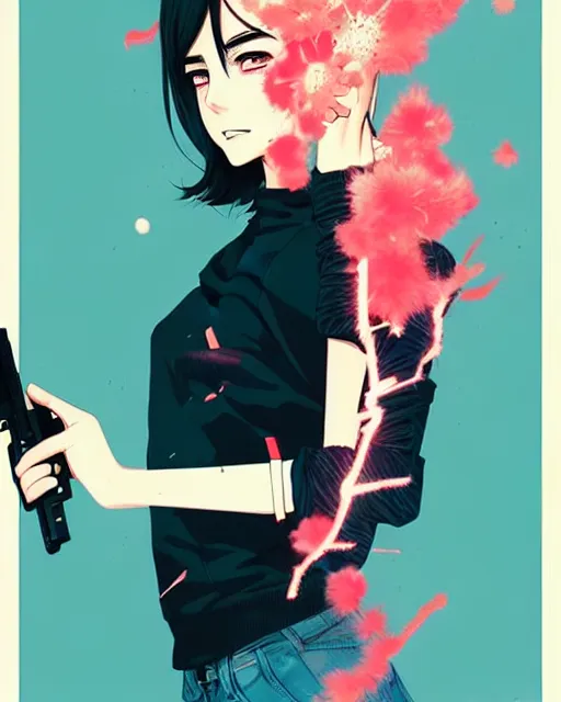 Image similar to girl holding flashbang, detailed manga illustration!! intricate details, beautiful perfect face, perfect body, aesthetically pleasing pastel colors, poster background, aesthetic details, art by conrad roset and ilya kuvshinov