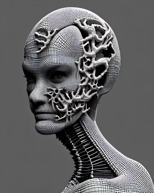 Image similar to a black and white 3D render of a young beautiful female queen-dragon-cyborg bust with a very long neck and Mandelbrot fractal face, flesh, anatomical, facial muscles, veins, arteries, elegant, highly detailed, flesh highly ornate, cable wires, elegant, high fashion, rim light, octane render, in the style of H.R. Giger, Realistic, Refined, Digital Art, Highly Detailed, Cinematic Lighting, rim light, black and white, photo-realistic, 8K