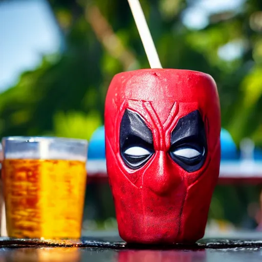 Image similar to a closeup photorealistic photograph of a deadpool style tiki mug sitting at a trader vic's beach bar featuring the face of deadpool. tiki party. bright scene. fine detail. this 4 k hd image is trending on artstation, featured on behance, well - rendered, extra crisp, features intricate detail, epic composition and the style of unreal engine.