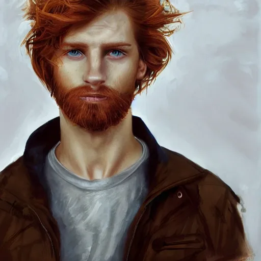 Image similar to 2 4 - year - old man, masculine face, square jaw, ginger hair, dark blue eyes, hyper realistic face, beautiful eyes, highly detailed, digital painting, smooth, sharp, beautiful face, expressive eyes, long fluffy wavy ginger hair, art by greg rutkowski and alex gray