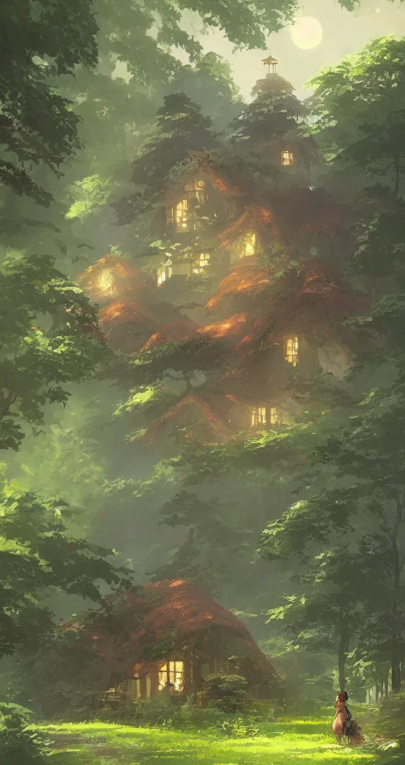 Image similar to Stunning cottage, solar, lush, forest, beautiful, by Studio Ghibli and Greg Rutkowski, artstation