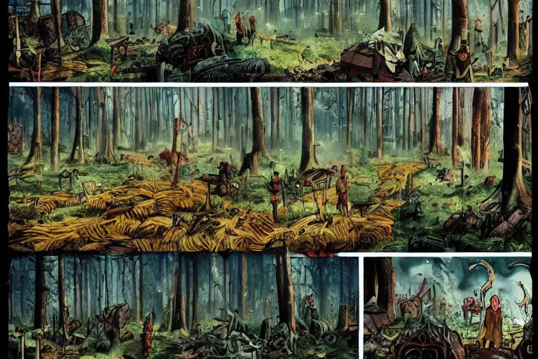 Prompt: full page comic book drawings of apocalyptic forest village scene, bold color palette, high contrast, by carel willink and jean giraud, comic book panels, octane render