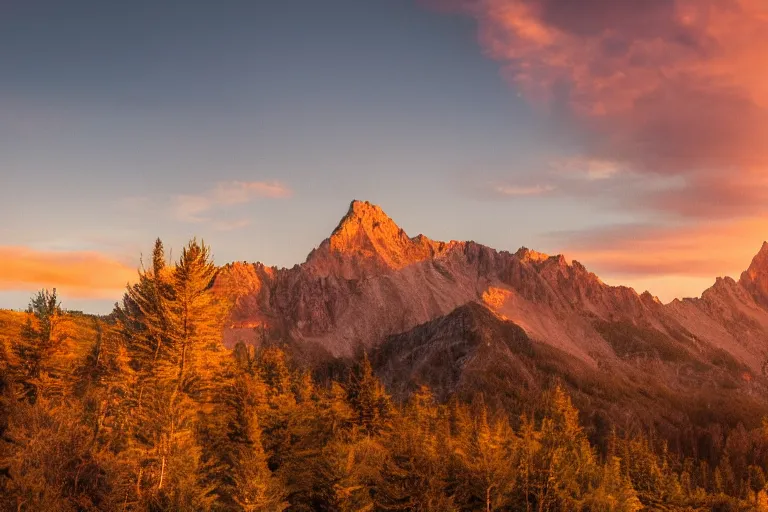 Image similar to a movie still of a mountain landscape at sunset, golden hour