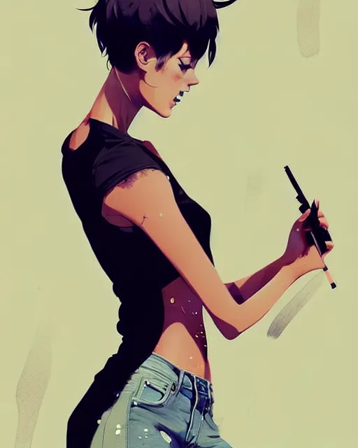 Image similar to a ultradetailed beautiful full body painting of a stylish woman with short hair, she is wearing a black tank top and jeans, by conrad roset, greg rutkowski and makoto shinkai trending on artstation