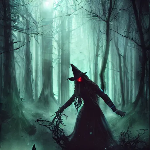 Image similar to witch performing a ritual in a dark forest painted by Raymond Swanland