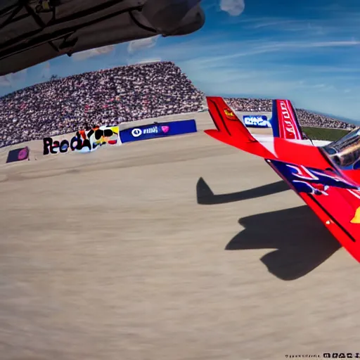 Prompt: a cream-colored havanese dog flying a racing plane sponsored by Red Bull, gopro photo, 4k