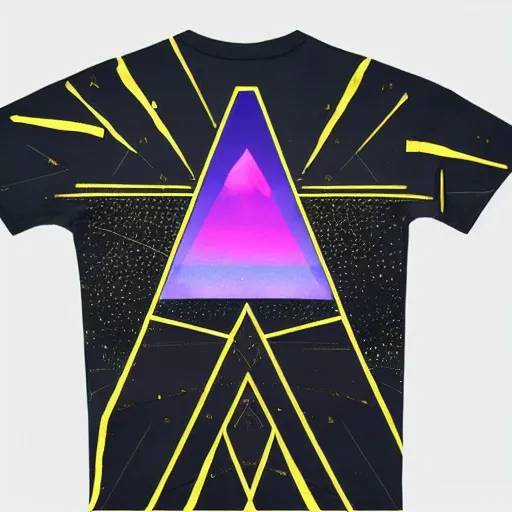 Image similar to photo of a t - shirt with a cool galactic print in a triangular pyramid shape on the chest in the style of maximalism, product photo