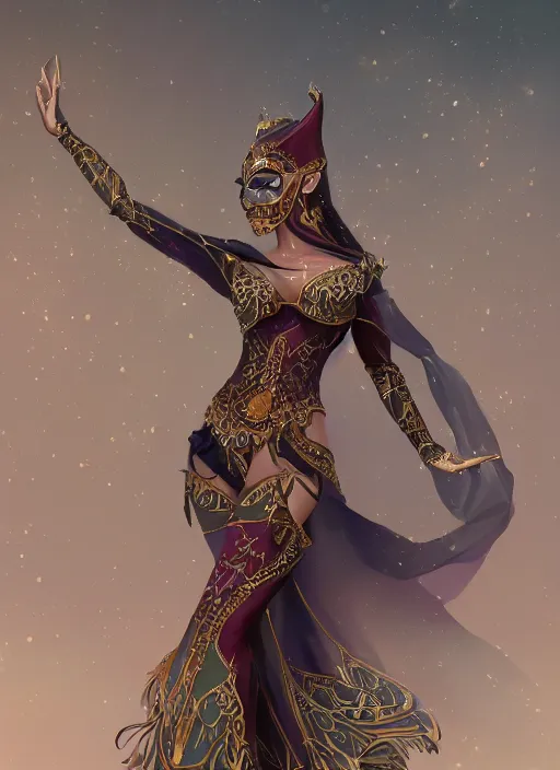 Image similar to a highly detailed illustration of a masked elegant elf arabian dancer, gracefully belly dancing pose, waving arms, intricate, elegant, highly detailed, centered, digital painting, artstation, concept art, smooth, sharp focus, league of legends concept art, WLOP