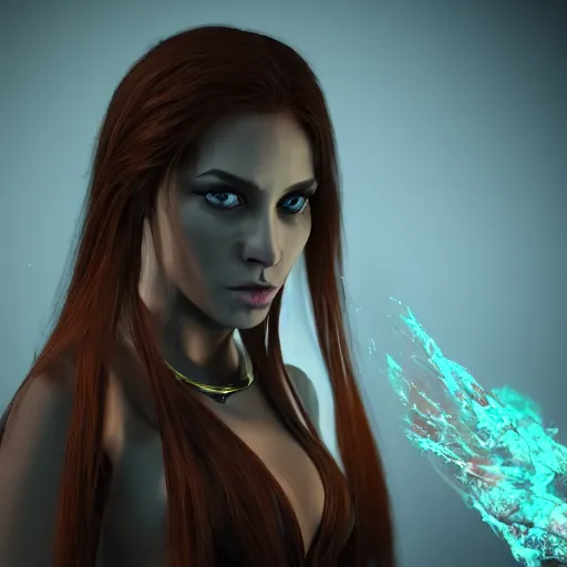Image similar to beautiful dark sorceress female, 3d render, cinematic shot, hyper realistic
