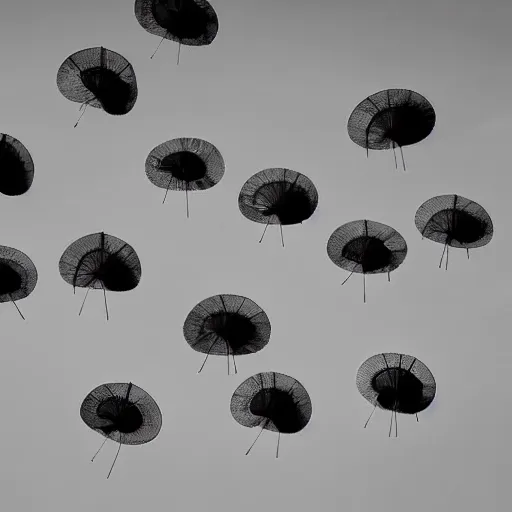 Image similar to 8 Flying hats, 8k UHD, Movie shot, black and white