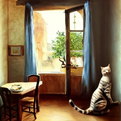 Image similar to Photo of very very very very filled provence interior room with cat sitting on the table in the center of room, photorealism,