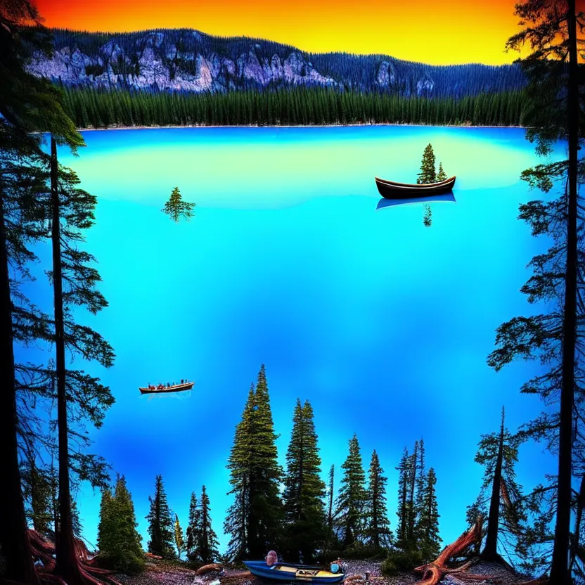 Image similar to a bright blue lake, above the lake is a glowing spirit, the spirit is illuminating a small boat in which there is a crying man, it's night time, the lake is surrounded by giant sequoias, in the sky is a comet, spiritual, magical, supernatural, digital art