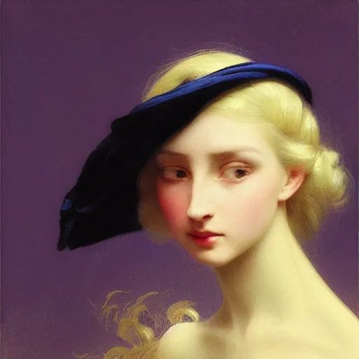 Image similar to young woman's face, her hair is white and she wears a cobalt blue duchesse satin cloak, by ivan aivazovsky and syd mead and moebius and gaston bussiere and roger dean and willem claesz and pieter claesz and paul delaroche and alma tadema and aelbert cuyp, hyperrealistic, volumetric light, octane