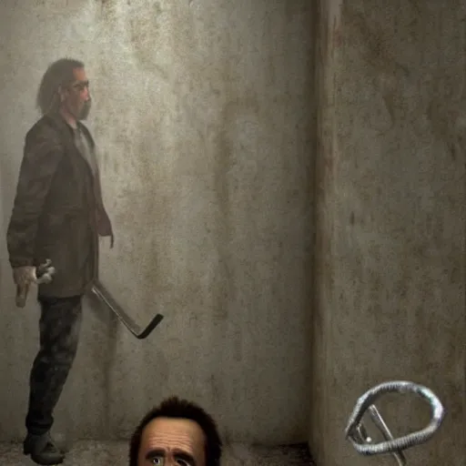 Image similar to nicolas cage hiding behind a corner holding a pipe in silent hill, ultra realistic, highly detailed, trending on artstation