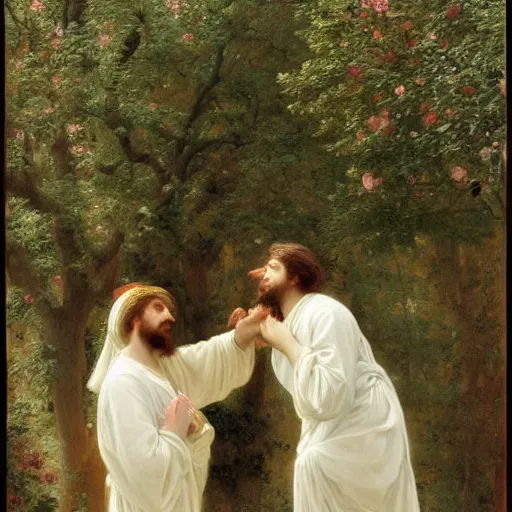 Image similar to Springtime, by Pierre-Auguste Cot, depicting two men in love dressed in white robes