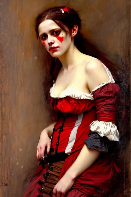 Image similar to solomon joseph solomon and richard schmid and jeremy lipking victorian genre painting full length portrait painting of a young beautiful woman traditional german french actress model pirate wench in fantasy costume, red background