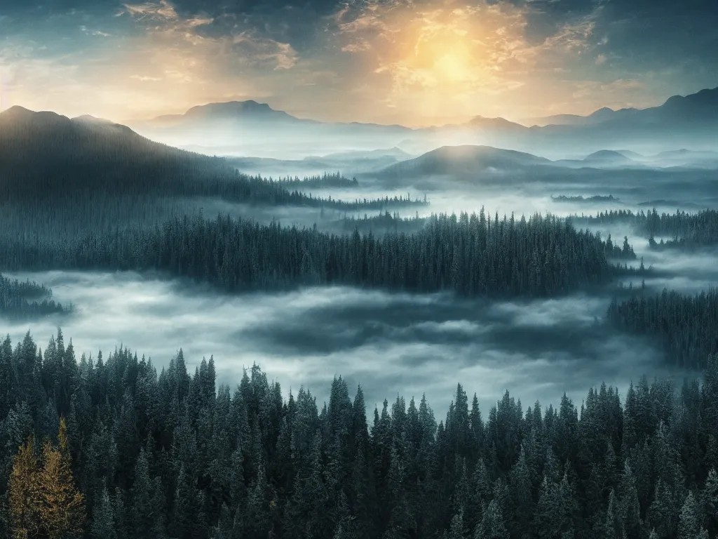 Prompt: epic crystalline taiga with a lake, golden hour, misty ground, rocky ground, distant mountains, atmospheric perspective, altostratus clouds, planets, cinematic, 3 5 mm lens, photographic, octane render, cinematography by roger deakins, in the style of ansel adams