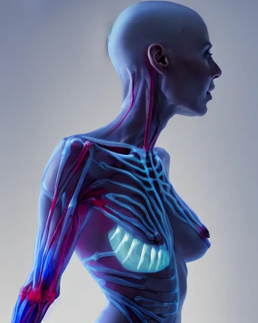 Image similar to female posing sensual figure x - ray, skeletal, glowing veins under translucent skin, highly detailed skin, bioluminescent, plasma, greg rutkowski, 8 k trending on artstation